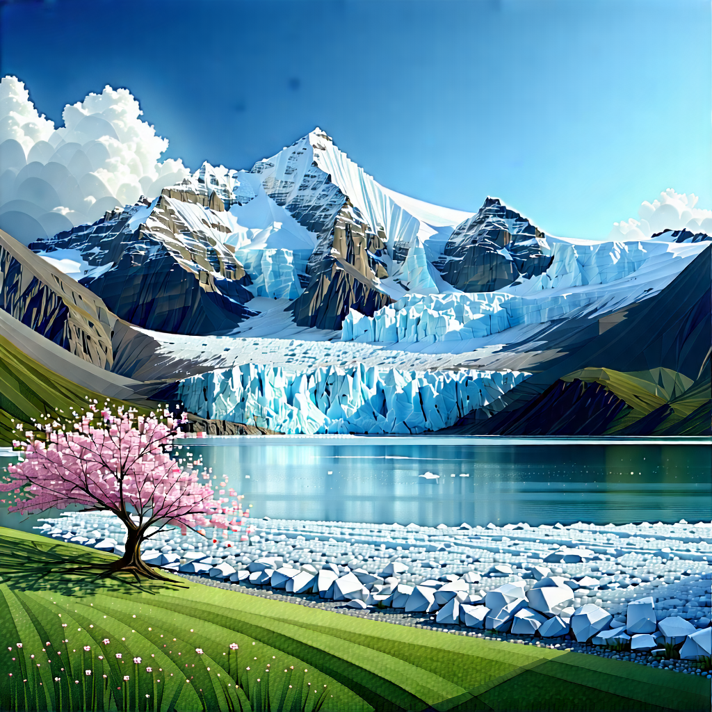Nature Low Poly: Glacier In Spring Bloom With Beautiful Landscape