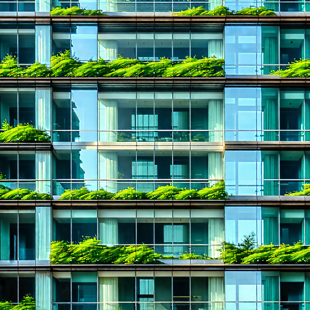 Urban Graphic Design: Glass Office Tower With Green Rooftop With Large Building