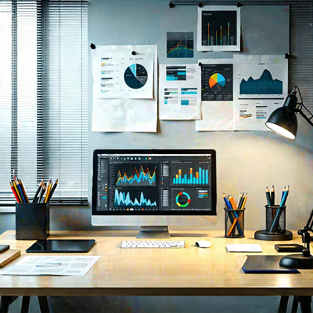 Business Matte Painting: Workplace With Productivity Tools On Desk With Wooden Desk