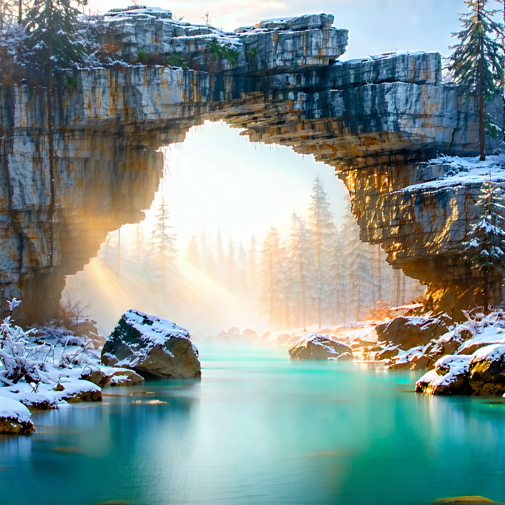 Nature Commercial Photography: Natural Arch In Winter Snow With Beautiful Waterfall