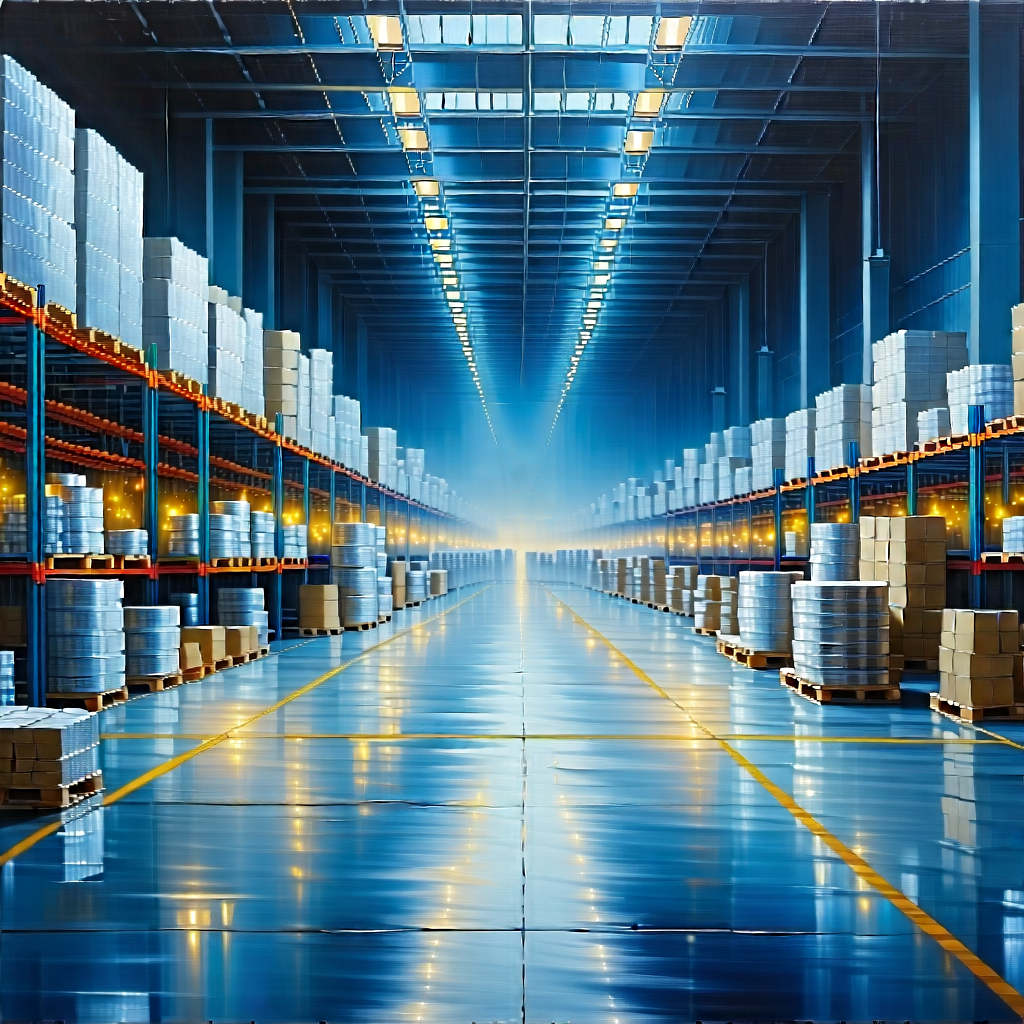 Tech Oil Painting: Entertainment Technology In Manufacturing Facility With Large Warehouse