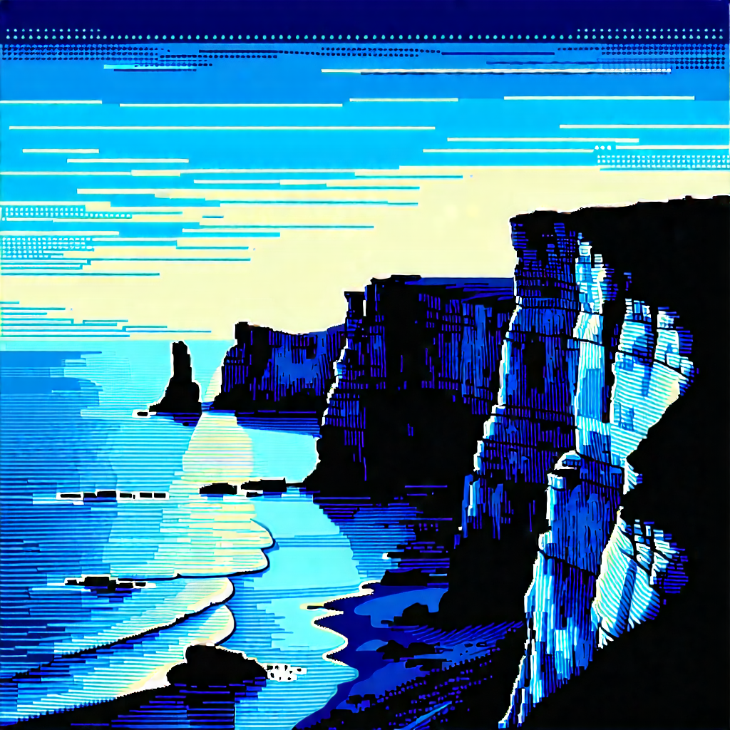 Nature Linocut Print: Coastal Cliff During Blue Hour With Painting Beautiful
