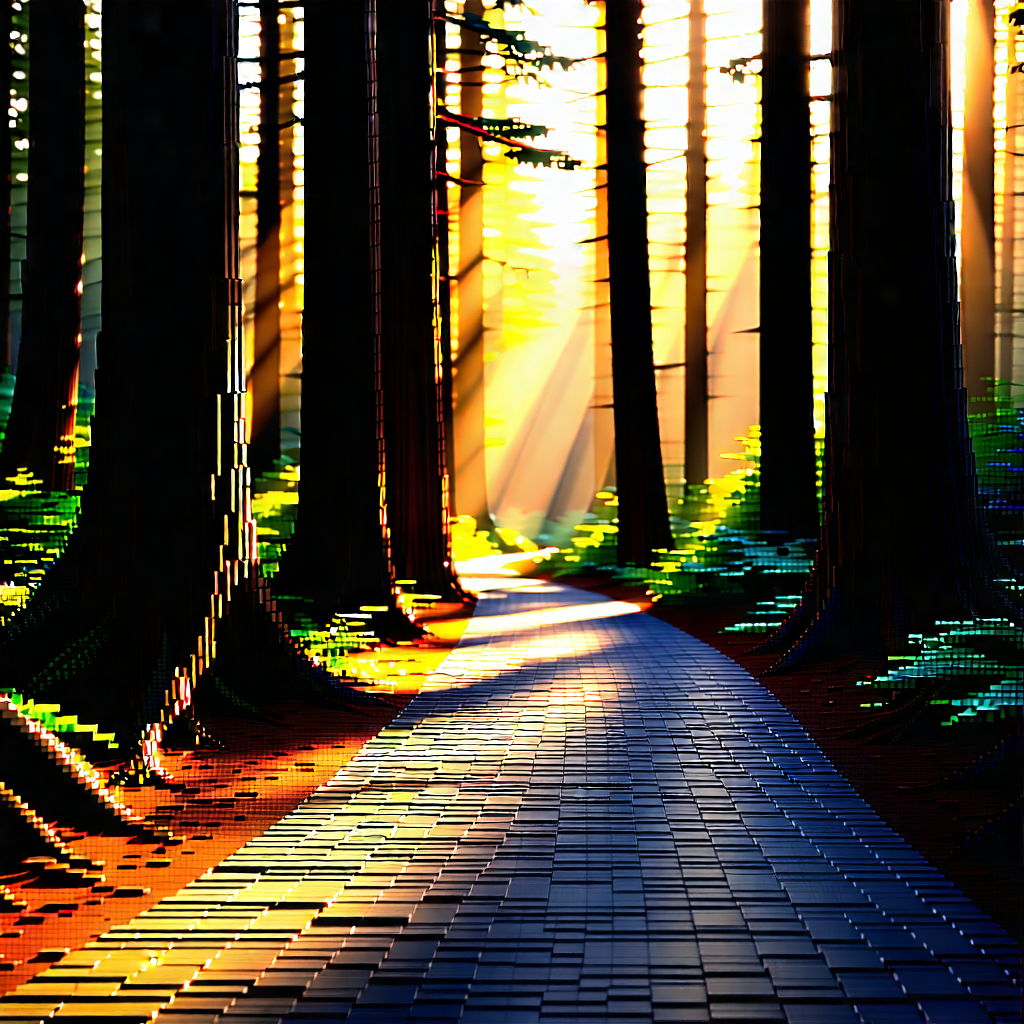 Nature Voxel Art: Path Through Redwood Forest With Digital Artwork