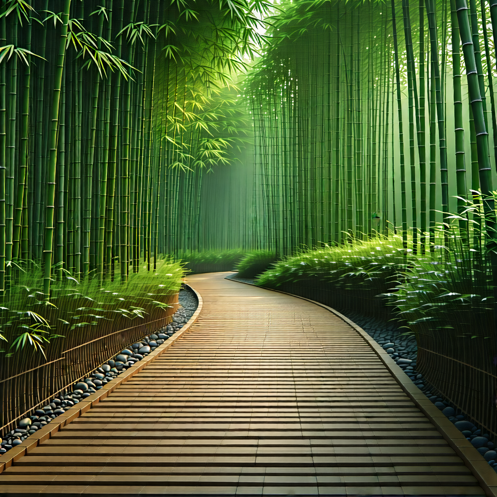 Nature Voxel Art: Path Through Bamboo Grove With Wooden Pathway
