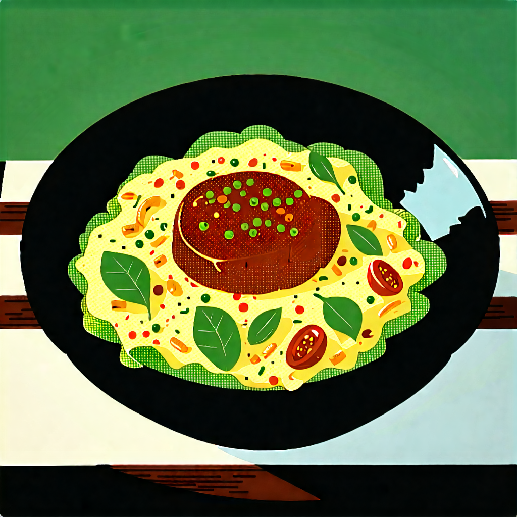 Lifestyle Woodcut Print: Healthy Meal Prepared With Organic Components With Plate Food,