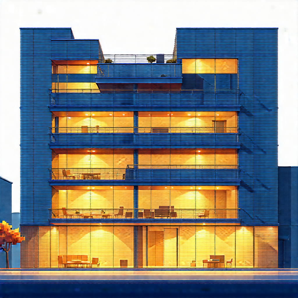 Urban Lithograph: Modern Apartment Complex With Reflective Glass With Blue Yellow