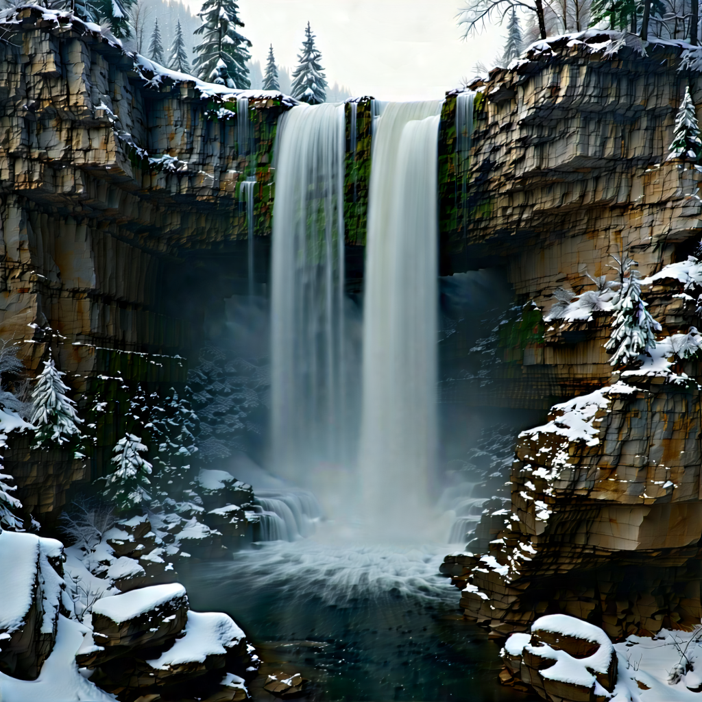 Nature Drone Photography: Waterfall In Winter Snow With Large Waterfall
