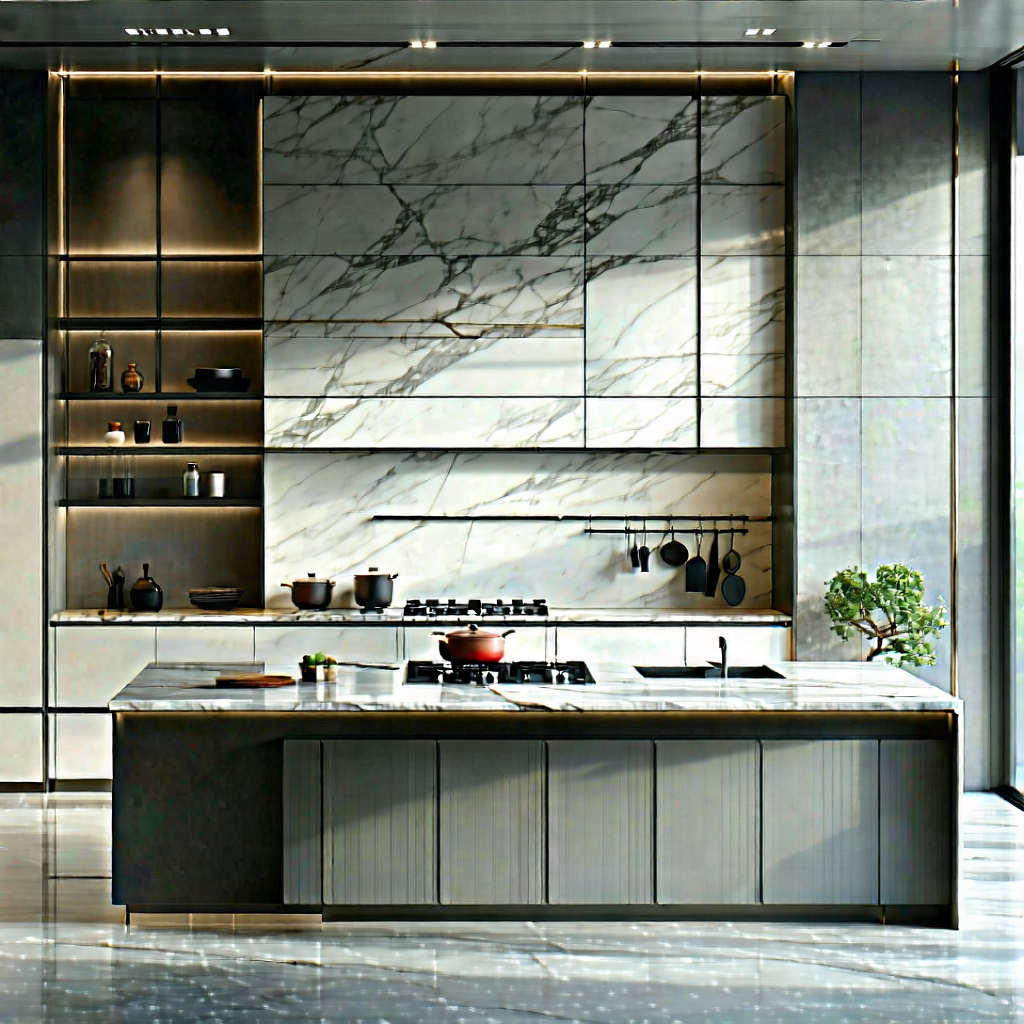 Lifestyle Oil Painting: (modern:1.35) Kitchen With (minimalist:1.11) Decor With Large, Modern