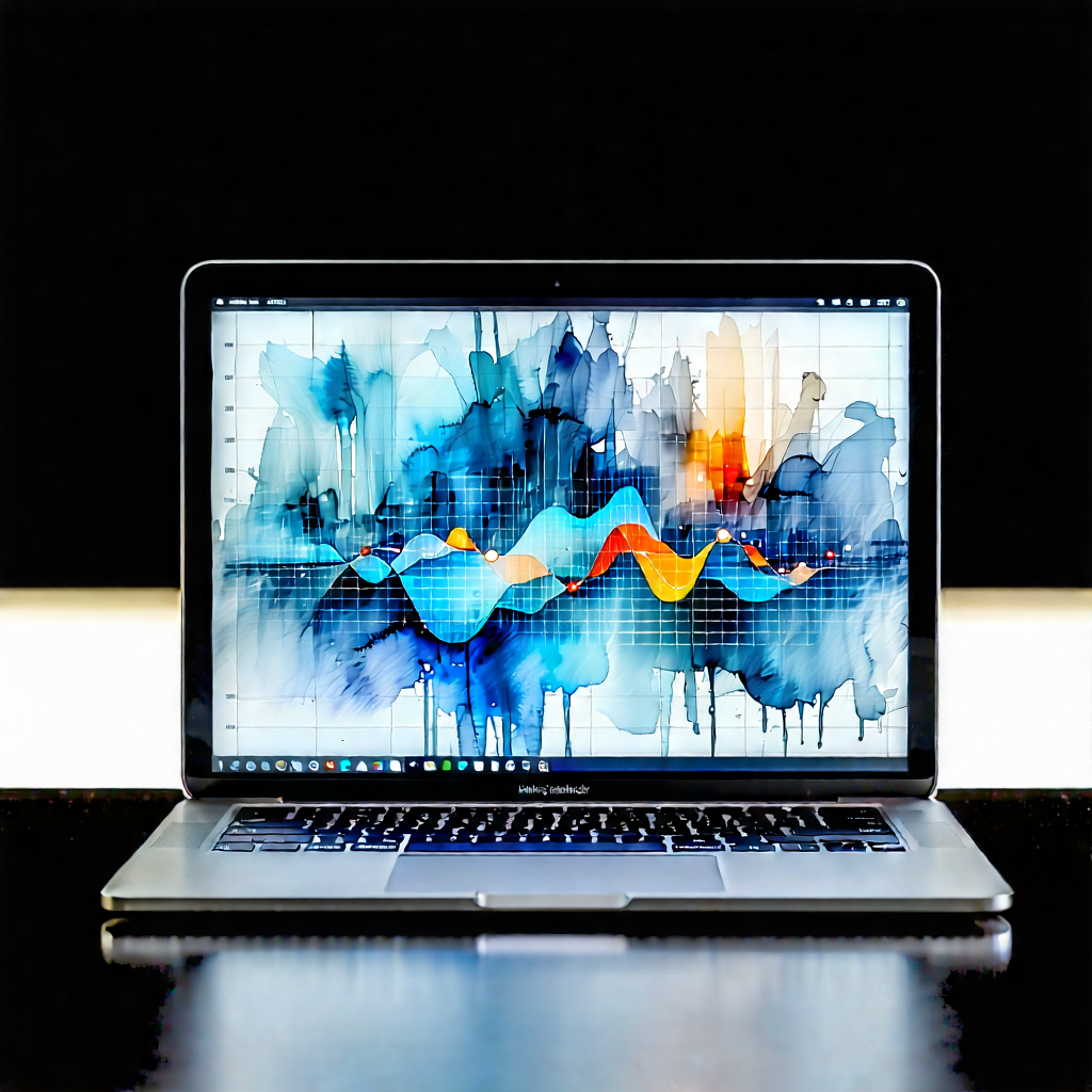 Tech Watercolor Painting: Laptop With Data Visualization With Laptop Computer