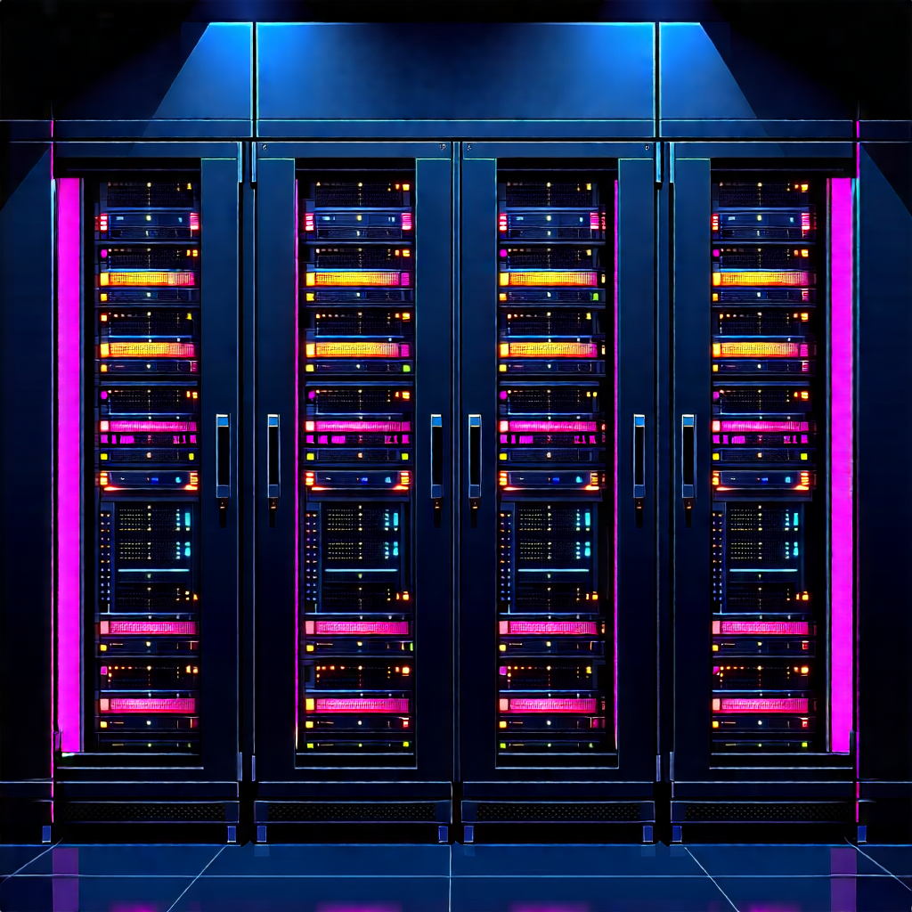 Tech Woodcut Print: Server Rack With Neon Accents With Large, Multi-colored