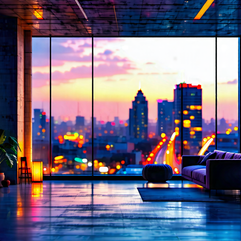 Urban Pastel Drawing: Urban Loft With Dramatic (lighting:1.47) With Large, Modern