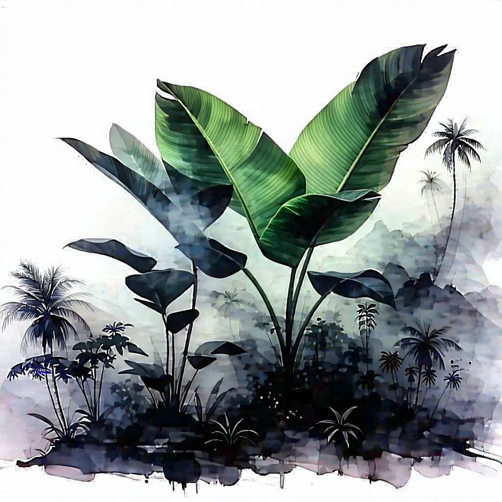 Nature Charcoal Drawing: Tropical plants in misty environment
