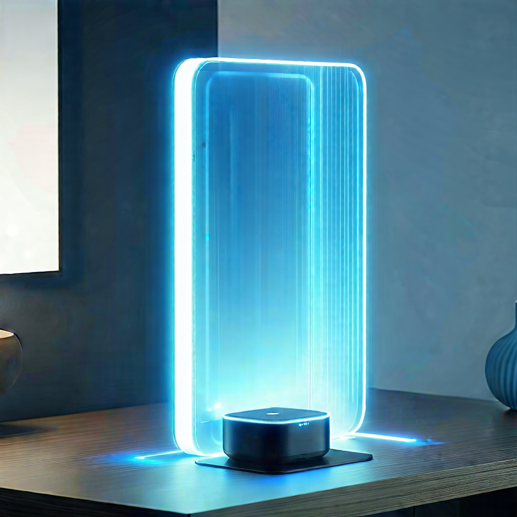 Tech Minimalist Design: Smart Home Device With Holographic Display With Modern Sleek-looking