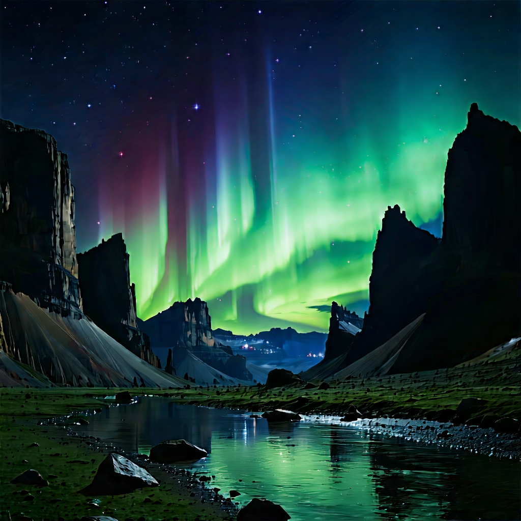 Nature Ink Drawing: Northern Lights Over Canyon Floor With Captures Beautiful
