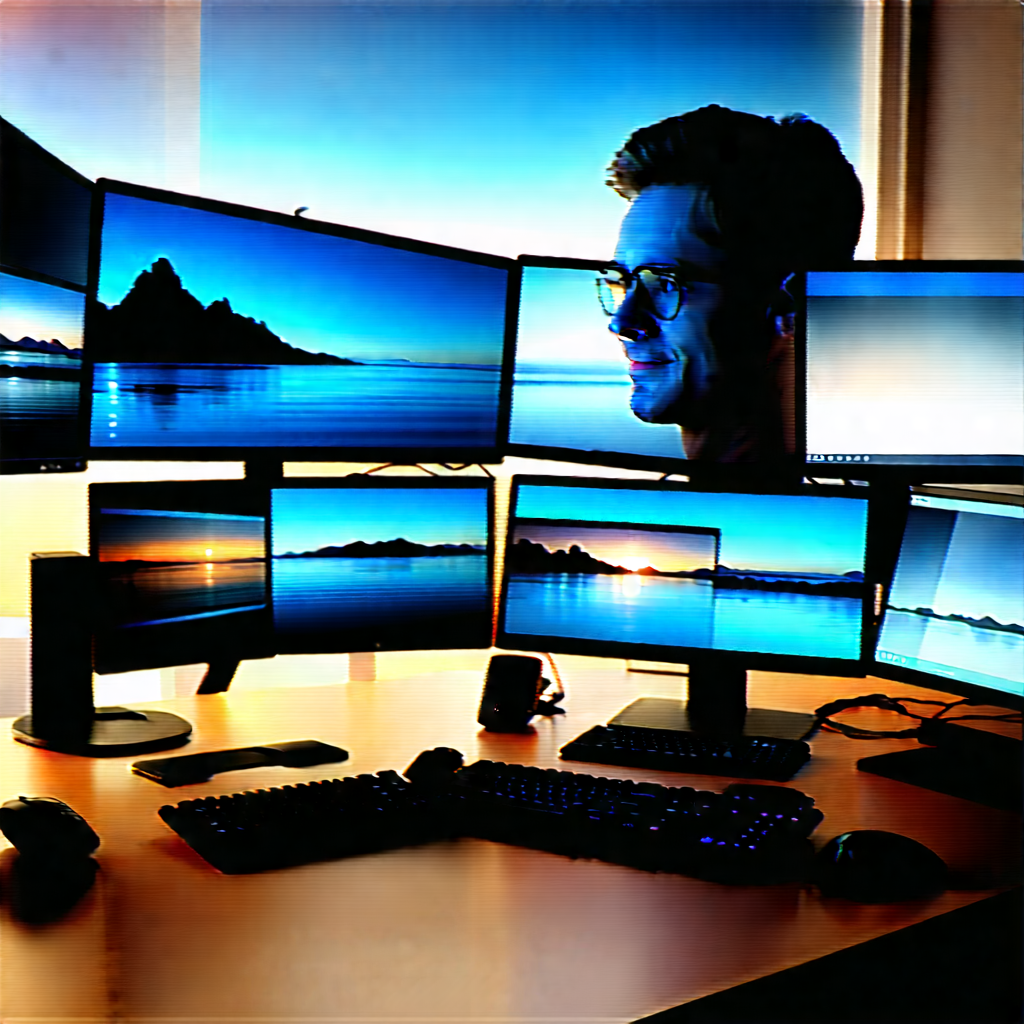Business Digital Illustration: Creative professional using multiple monitors