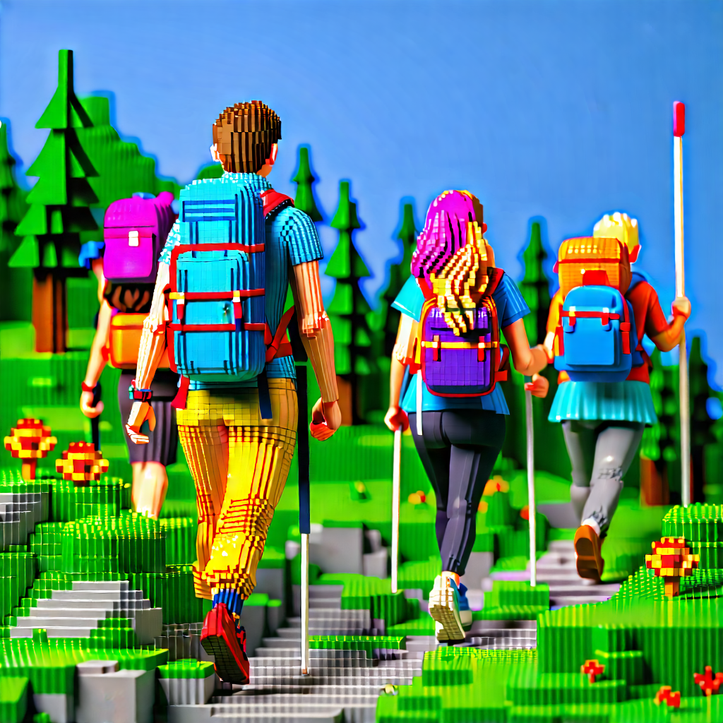 Lifestyle Voxel Art: Hiking group with diverse friends