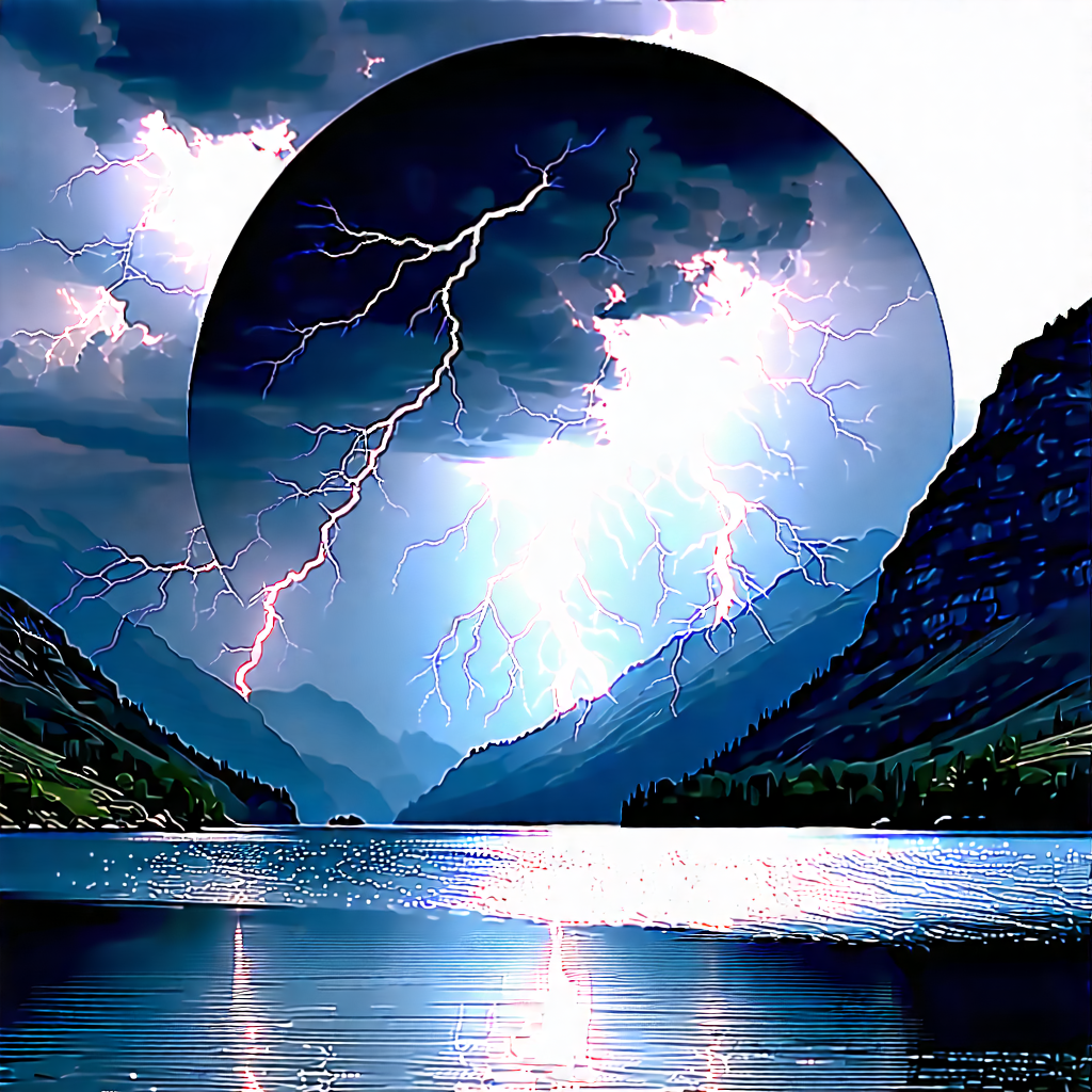 Nature Etching: Lightning Over Alpine Lake With Beautiful Scene