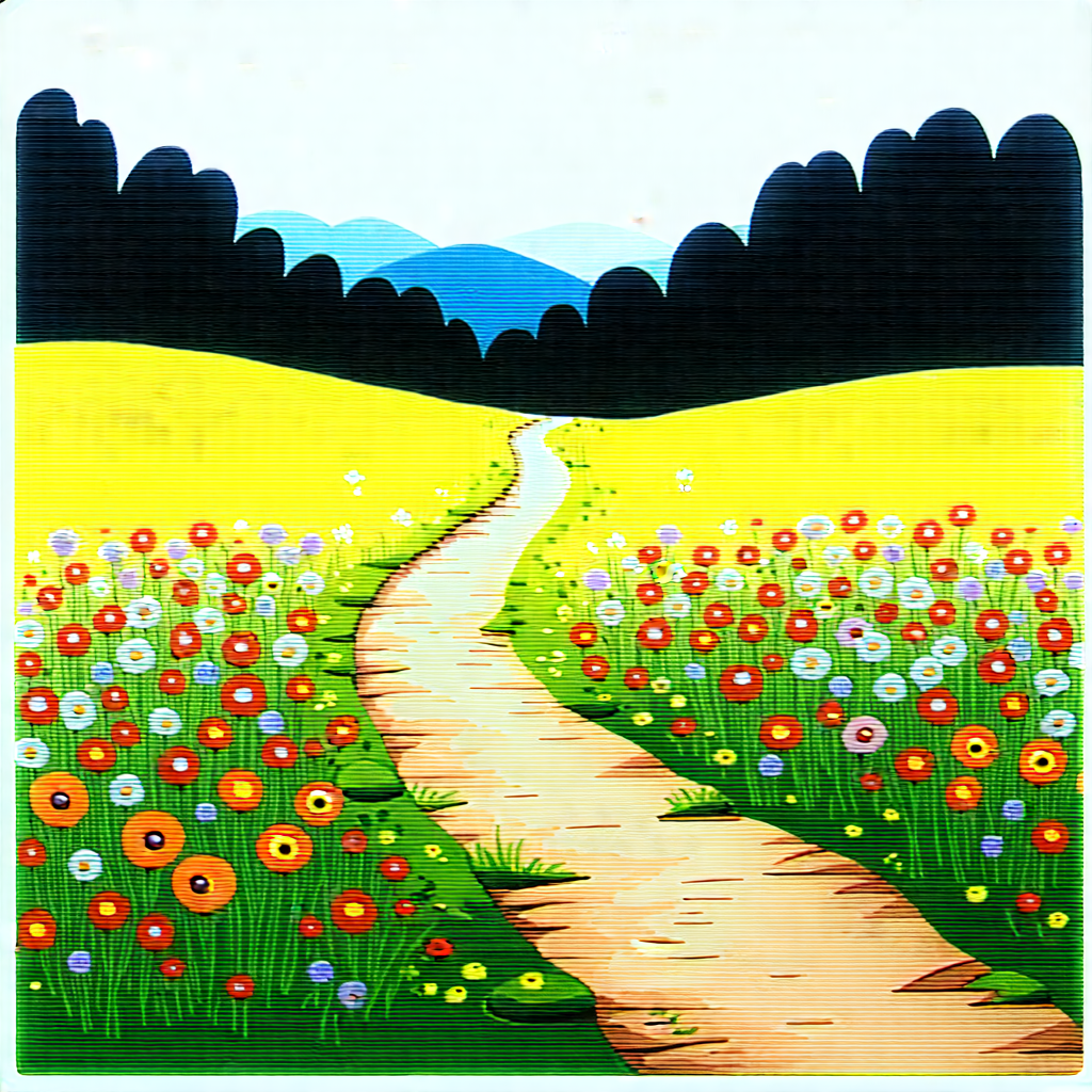 Nature Ink Drawing: Path Through Flowering Meadow With Beautifully Drawn