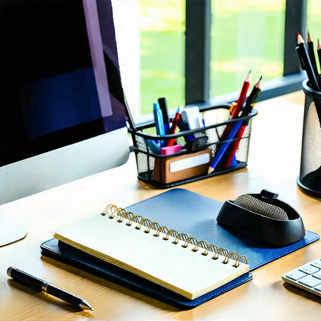 Business Low Poly: Workplace With Notebooks And Pens On Desk With Wooden Desk