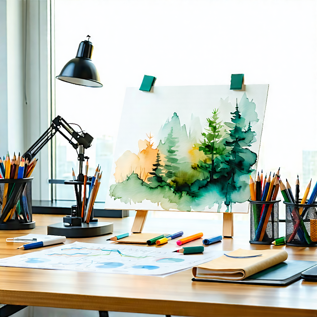 Business Watercolor Painting: Workplace With Modern Office Supplies On Desk With Wooden Desk