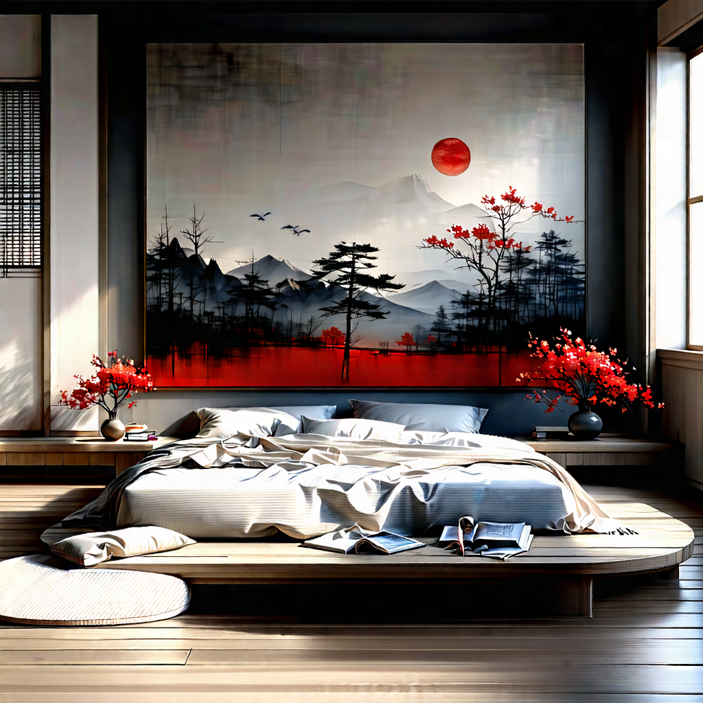 Lifestyle Digital Art: Bedroom Sanctuary With (minimalist:1.22) Decor With Image, There