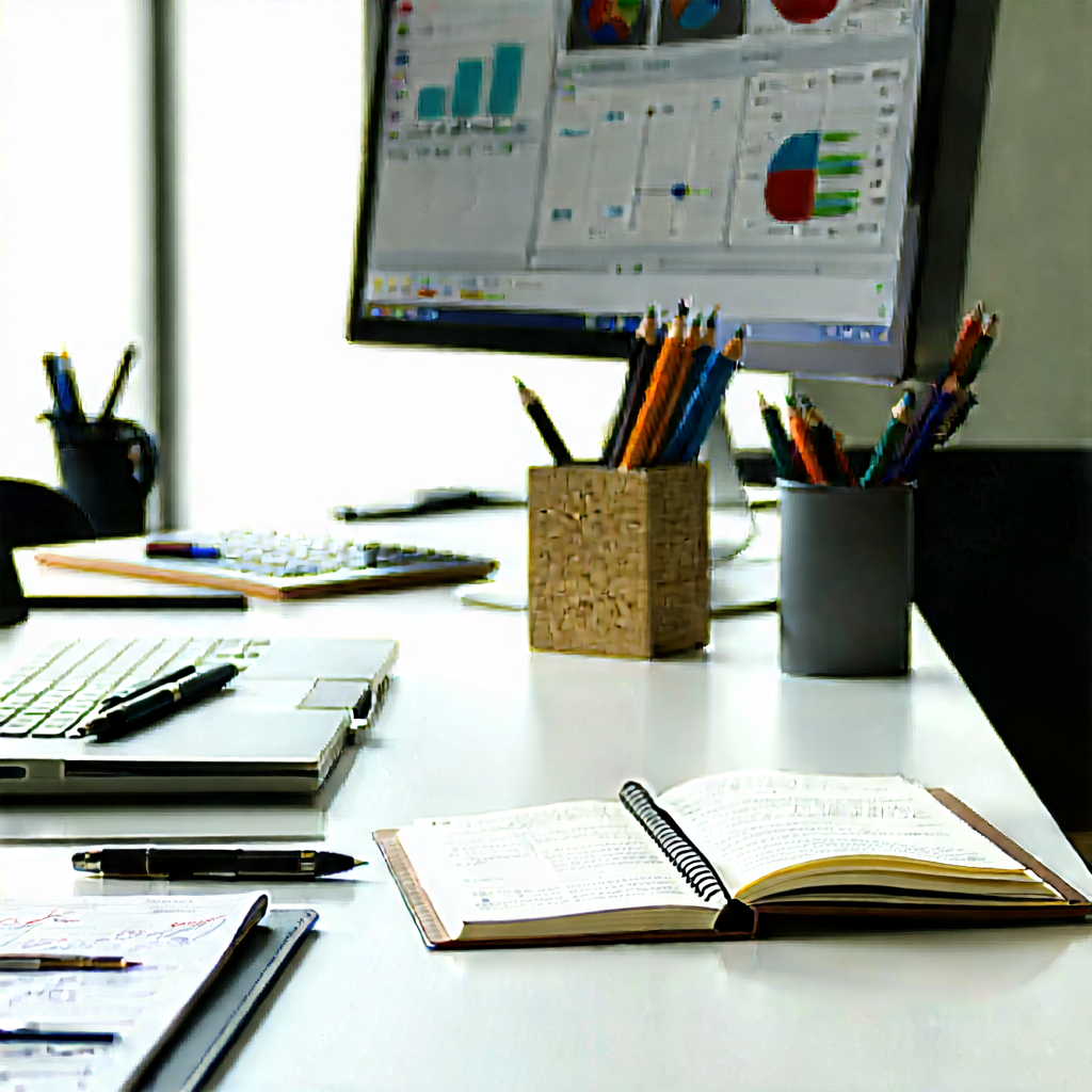 Business Architectural Photography: Workplace with notebooks and pens on desk