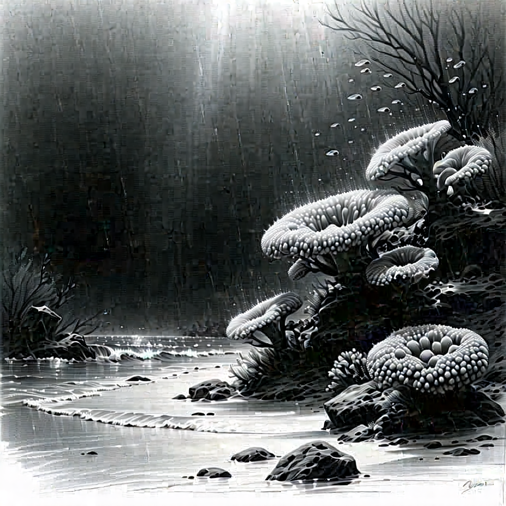 Nature Charcoal Drawing: Coral Reef In Rainy Season With Black White