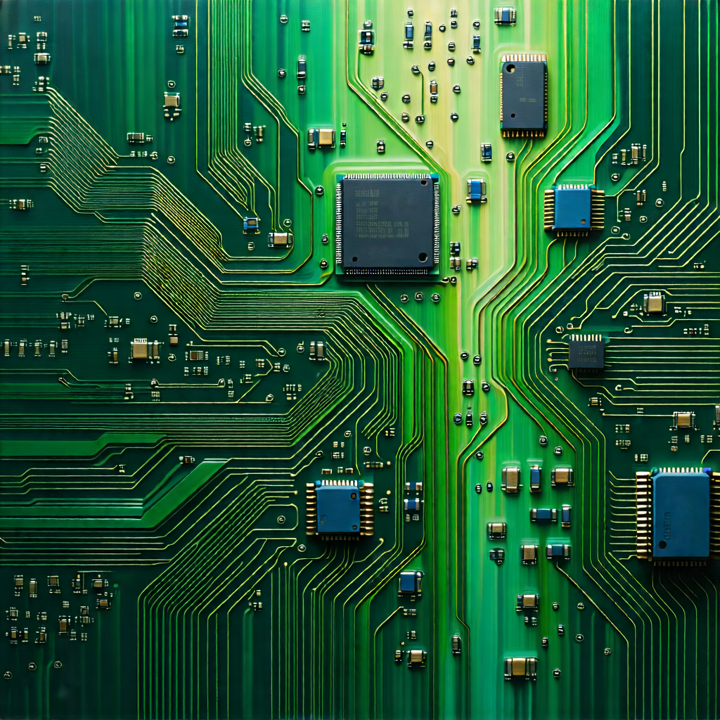 Tech Oil Painting: Circuit board with data streams