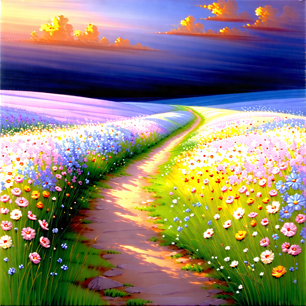 Nature Oil Painting: Path Through Flowering Meadow With Beautiful, Colorful