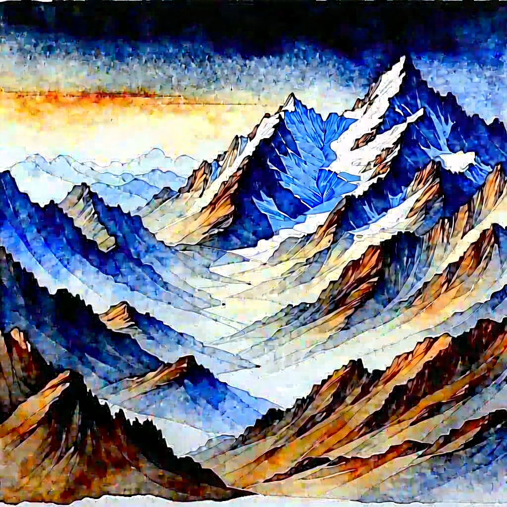 Nature Watercolor Painting: Aerial view of mountain range