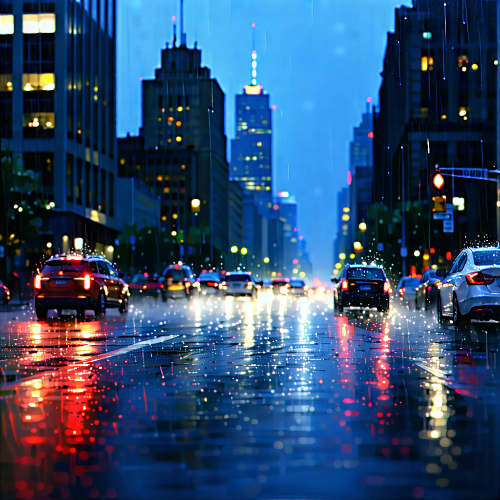 Urban Macro Photography: Cityscape Of Downtown District During Rainy Evening With Busy City