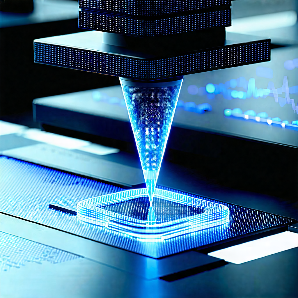 Tech Macro Photography: Educational Technology In Manufacturing Facility With Blue Laser