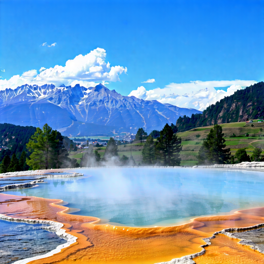 Nature Tilt-shift Photography: Hot Spring Surrounded By (mountain:1.41) Peaks With Large, Natural