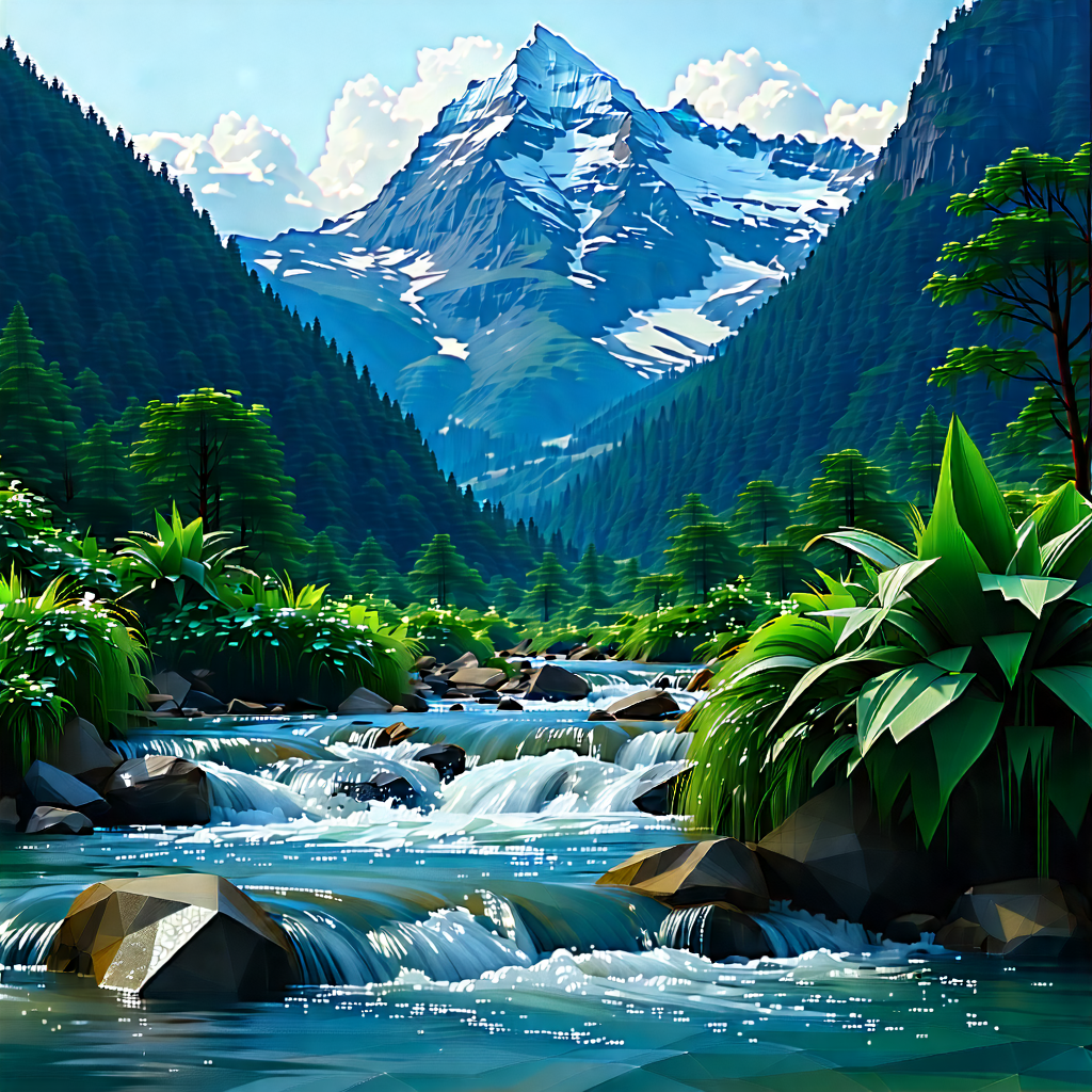 Nature Low Poly: Mountain Stream Surrounded By Lush Vegetation With Image, There