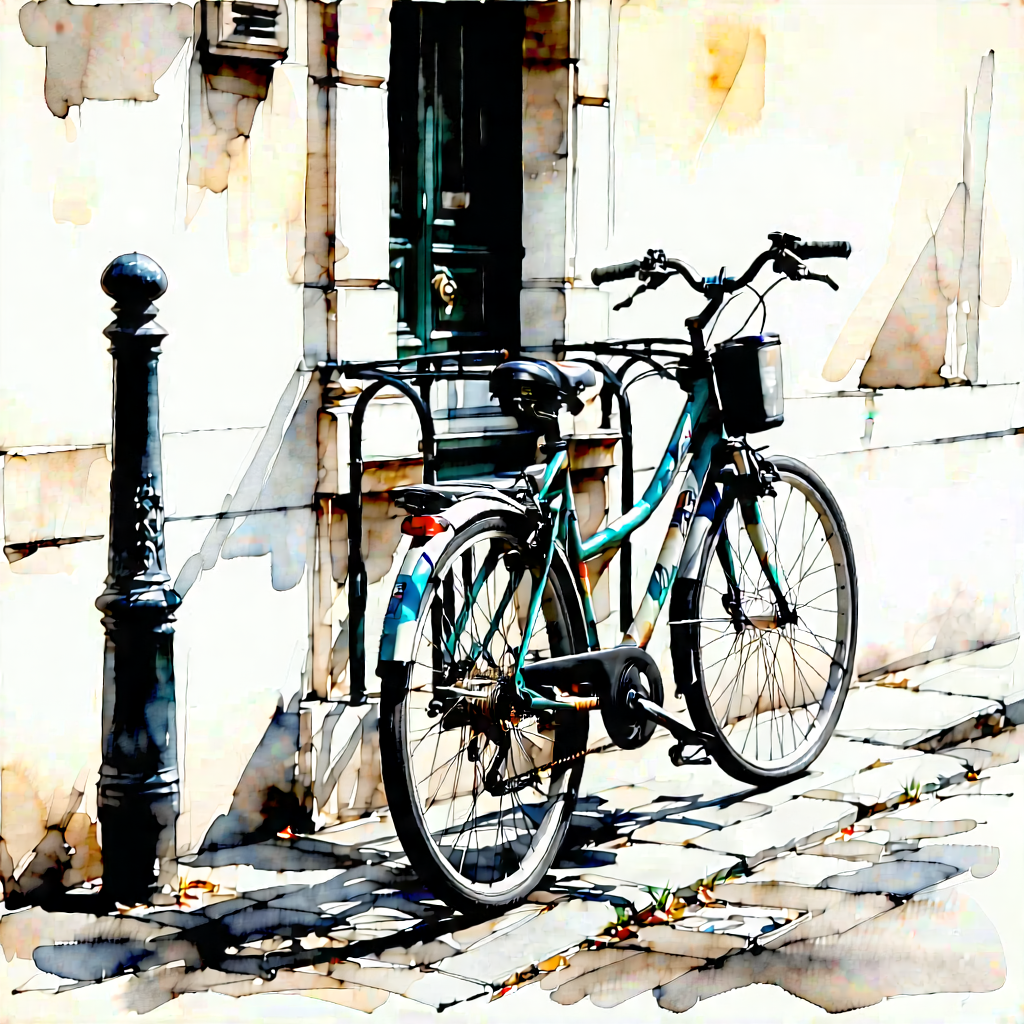 Urban Gouache Painting: City Bicycle Sharing In Historic Quarter With Bicycle Parked