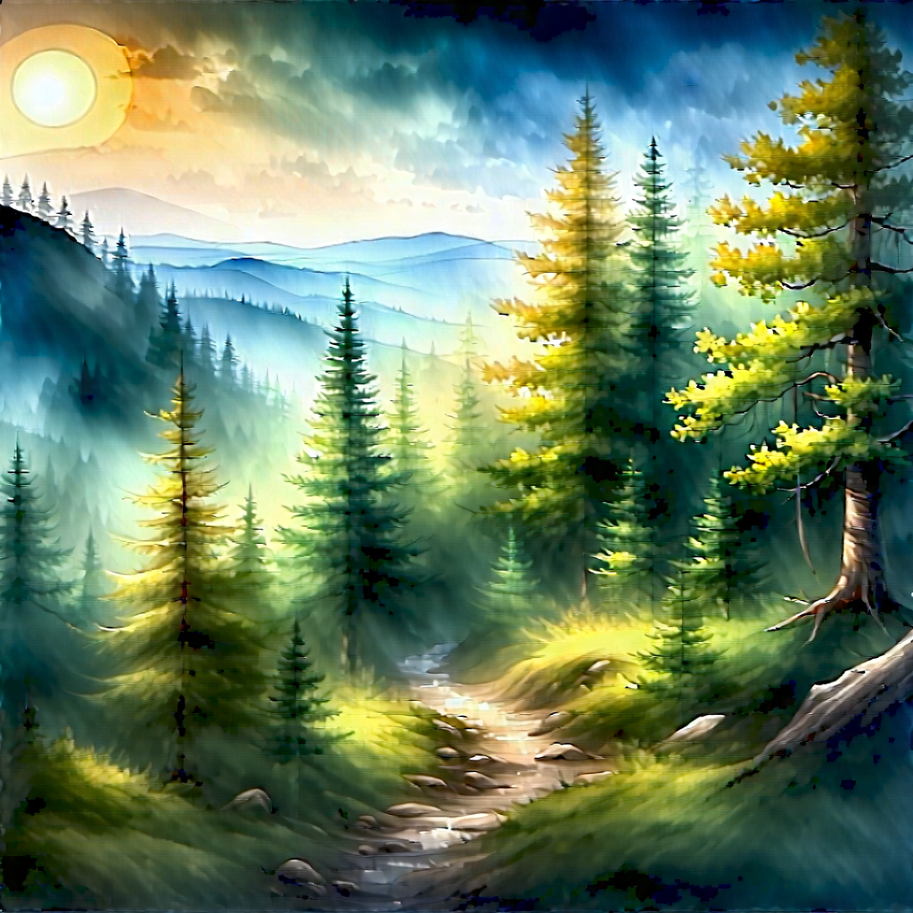 Nature Watercolor Painting: Aerial View Of (forest:1.4) Canopy With Image, There