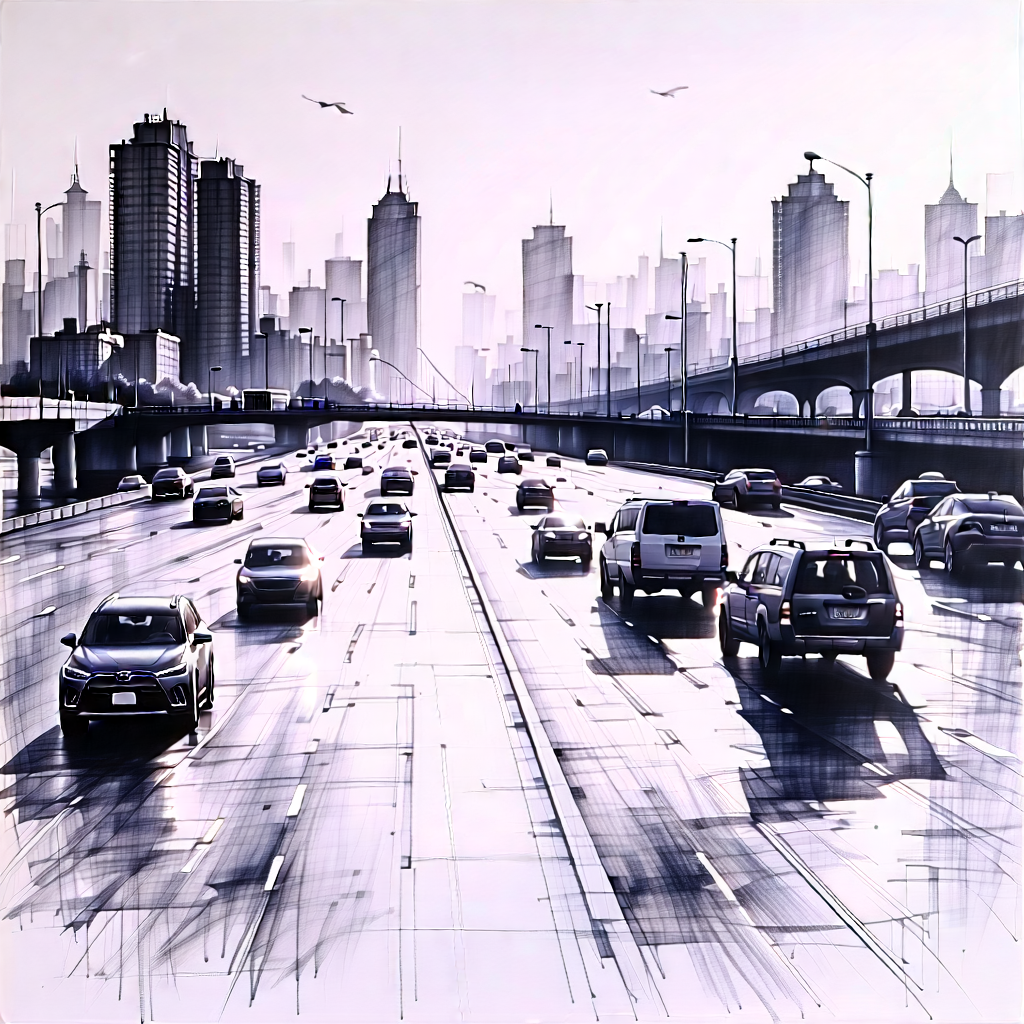 Urban Charcoal Drawing: Cityscape Of Coastal City During Rush Hour With Image, Busy