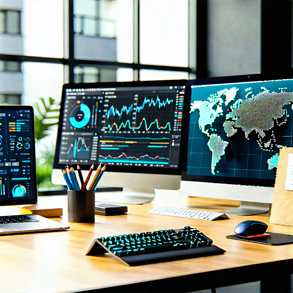Business Octane Render: Workplace with (digital:1.31) devices on desk