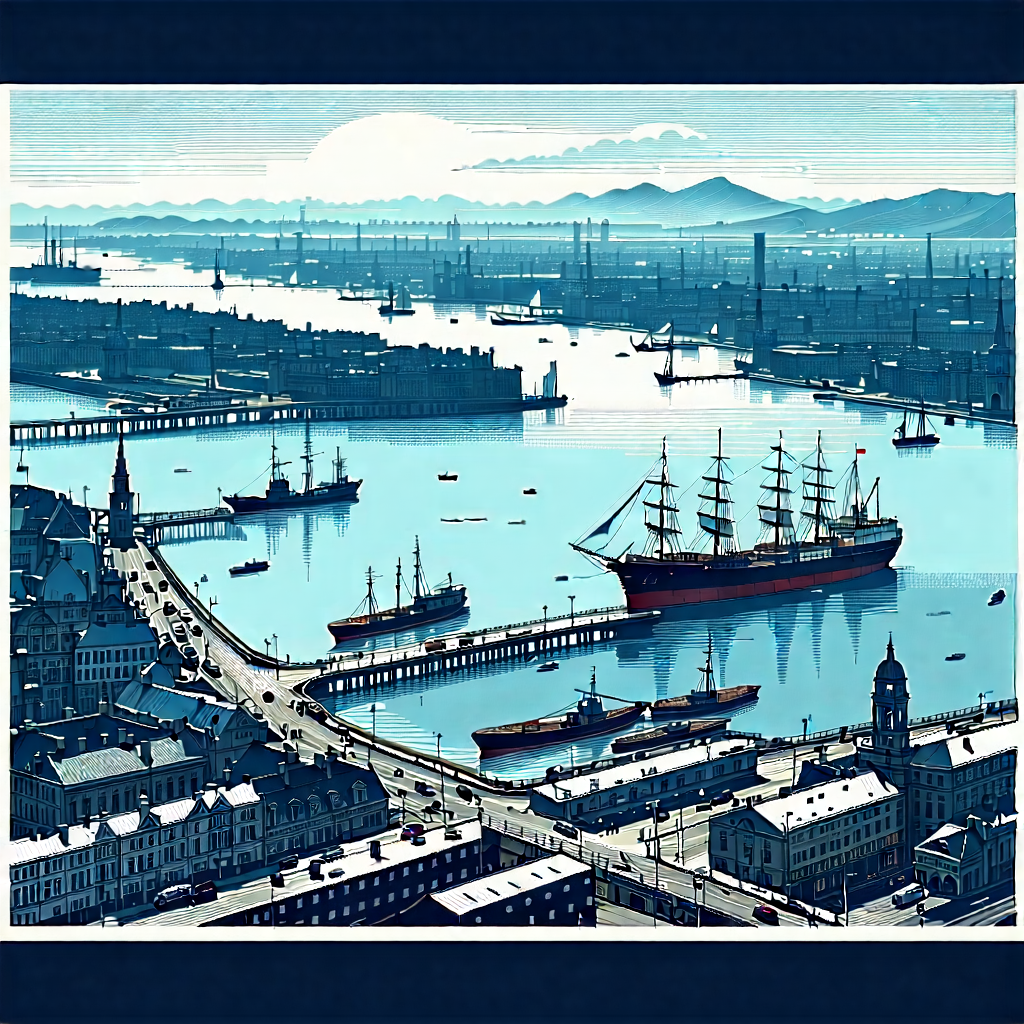 Urban Linocut Print: Aerial View Of Harbor District With Large Sailing