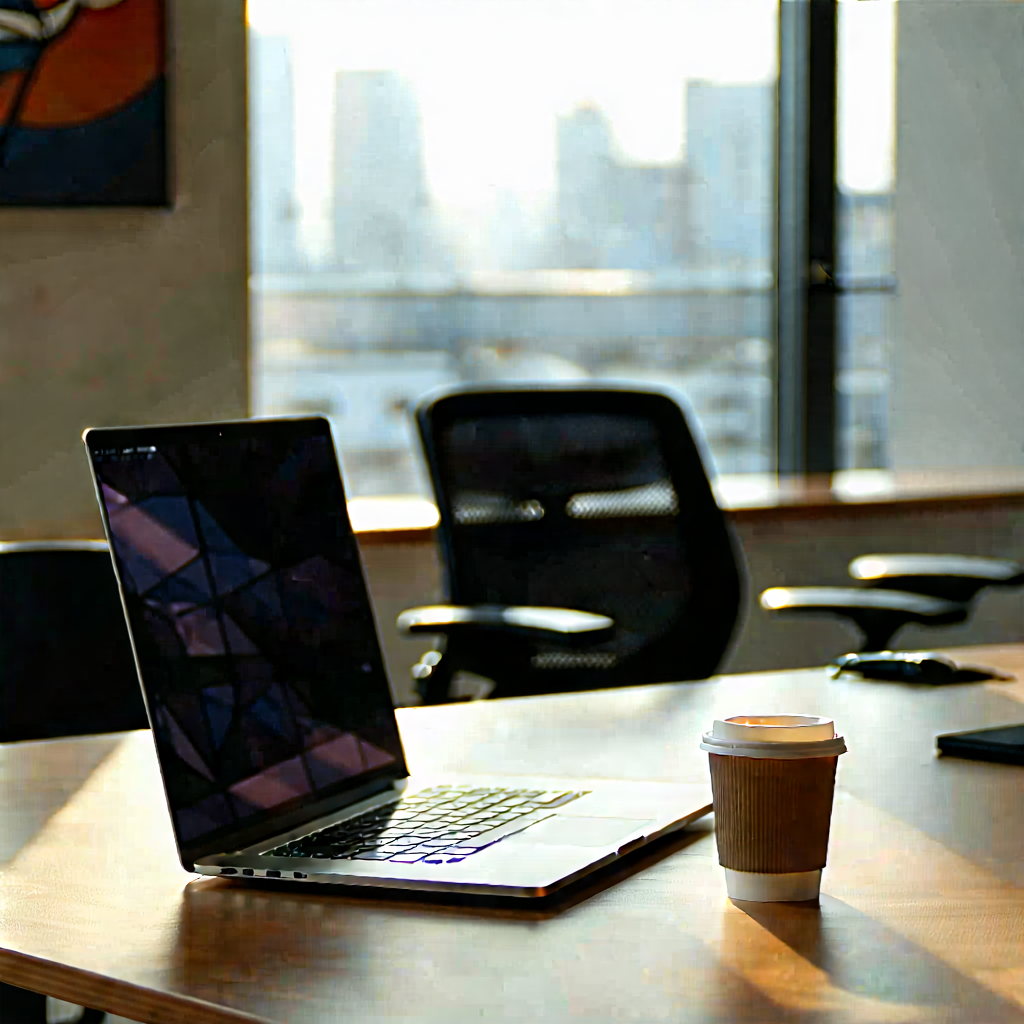 Business Concept Art: Workplace with laptop and coffee on desk