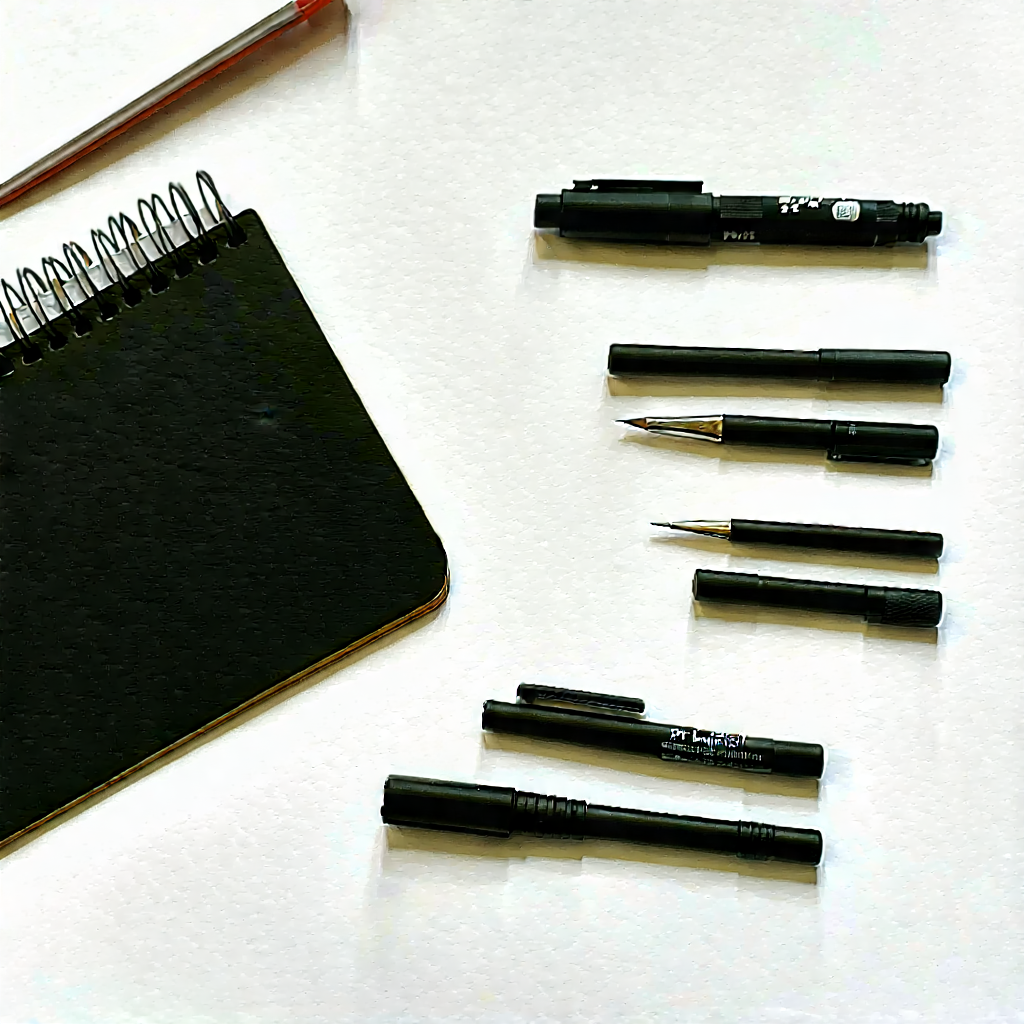 Business Gouache Painting: Workplace With Productivity Tools On Desk With Black Spiral