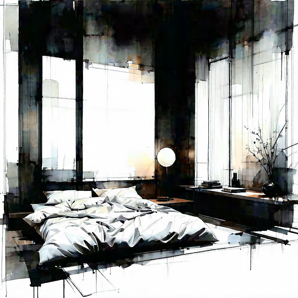 Lifestyle Ink Drawing: Bedroom Sanctuary With Minimalist Decor With Black White