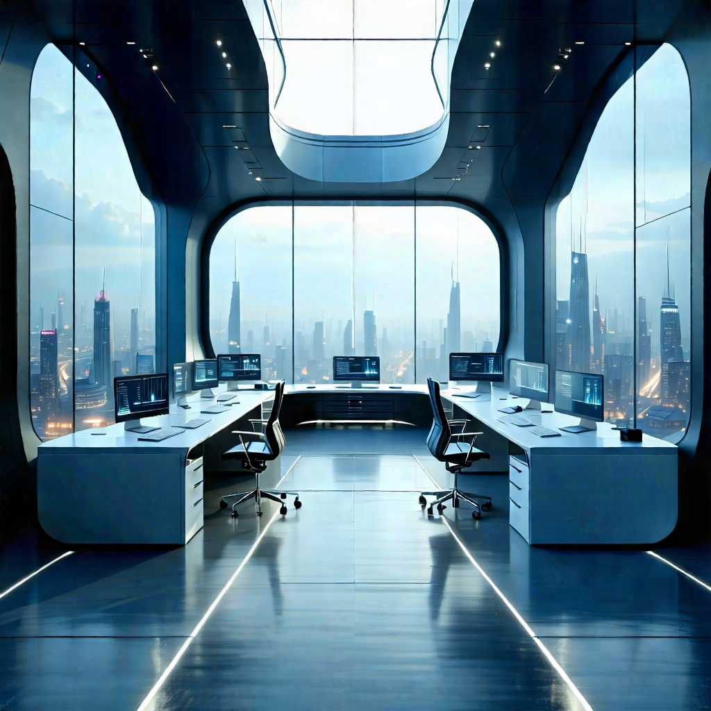 Tech Architectural Photography: Futuristic Digital Workspace With Large, Modern