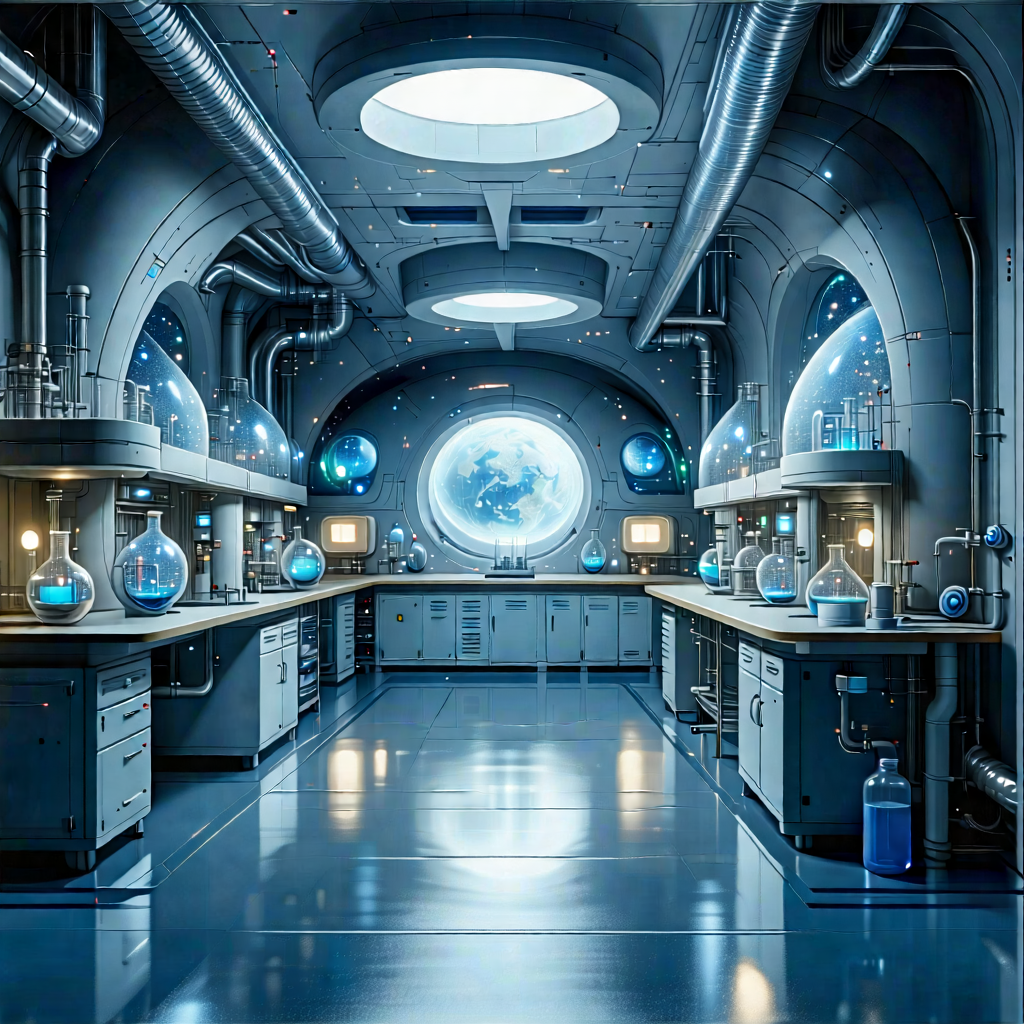 Tech Lithograph: Futuristic Research Laboratory With Image, There
