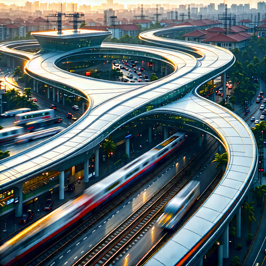 Urban Abstract Design: Aerial View Of Transportation Hub With Train Traveling