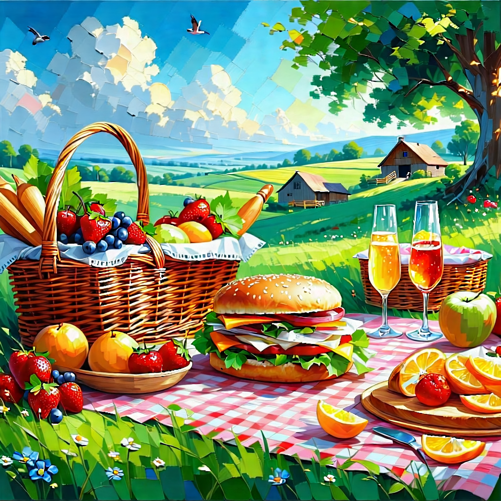 Lifestyle Oil Painting: Summer Picnic During Festival Time With Picnic Scene
