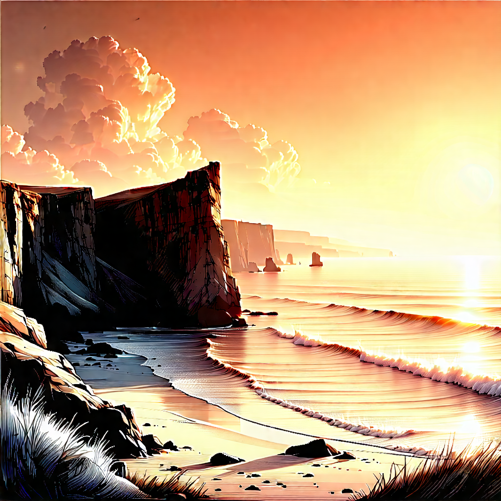Nature Pencil Sketch: Coastal Cliff During Sunrise With Beautiful Beach