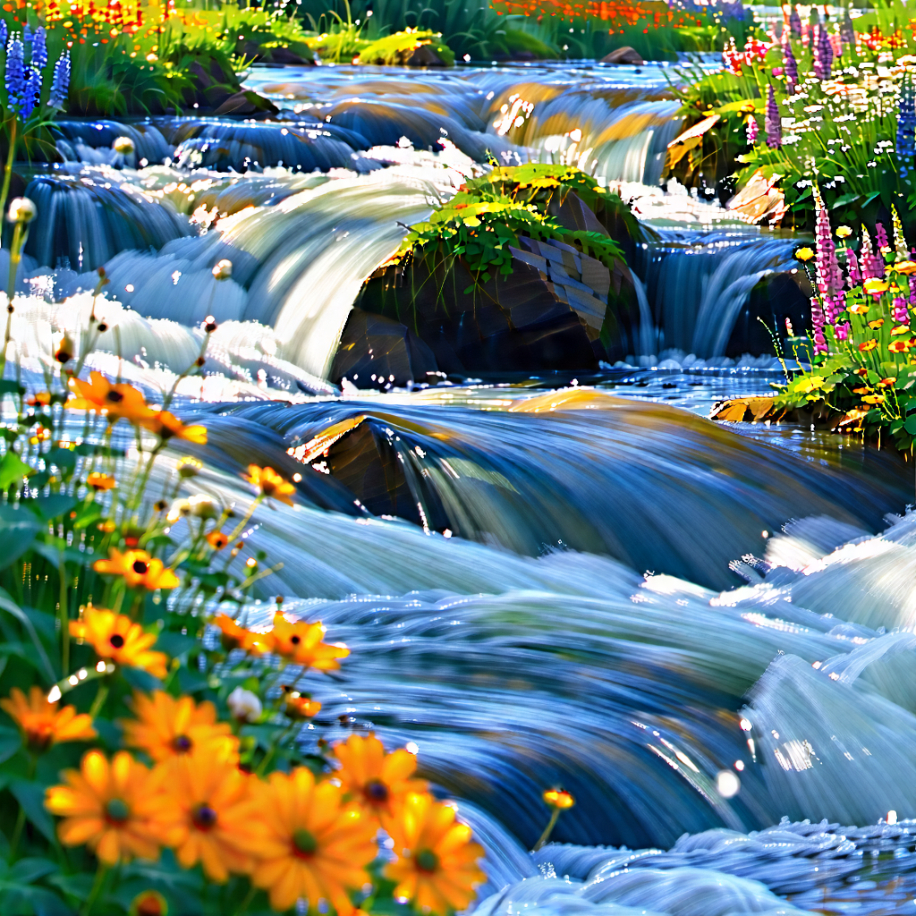 Nature Hdr Photography: Rushing River Surrounded By Wildflowers With Beautiful Waterfall