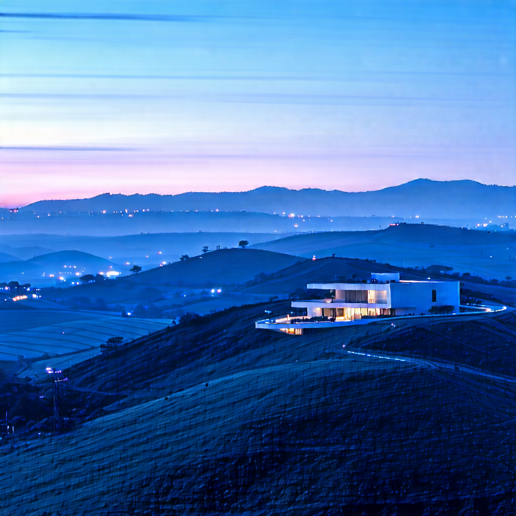 Nature Architectural Photography: Rolling Hills During Blue Hour With Large White