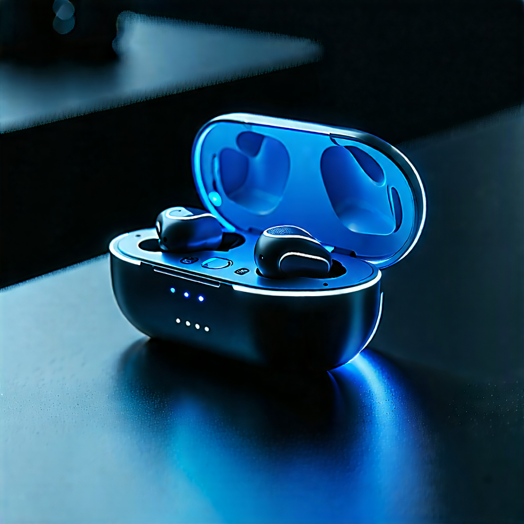 Tech Product Photography: Wireless Earbuds With Holographic Display With Small Blue